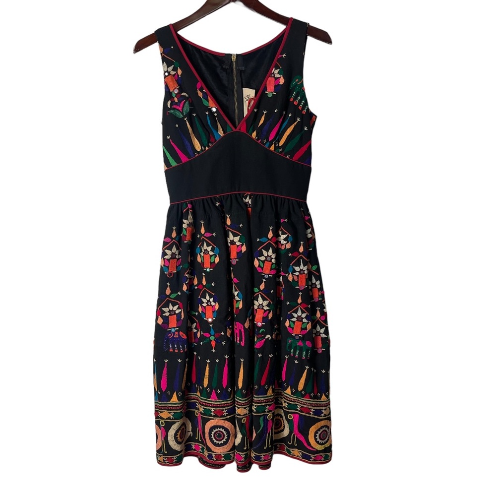 MADAME HALL Women’s Black Embroidered Boho Dress Size S Handmade Indian Cotton